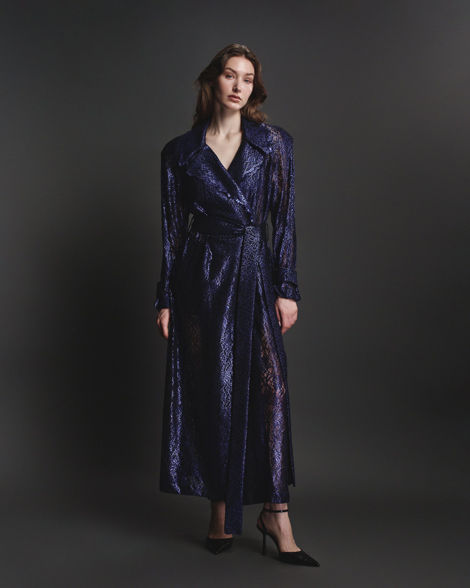 Ophelia Lace Trench in Sapphire Metallic